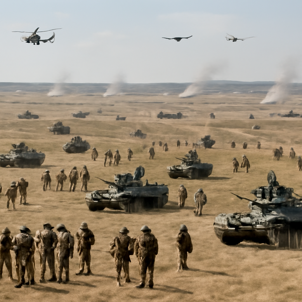 Military exercise with troops, vehicles, and aircraft in a simulated battlefield.