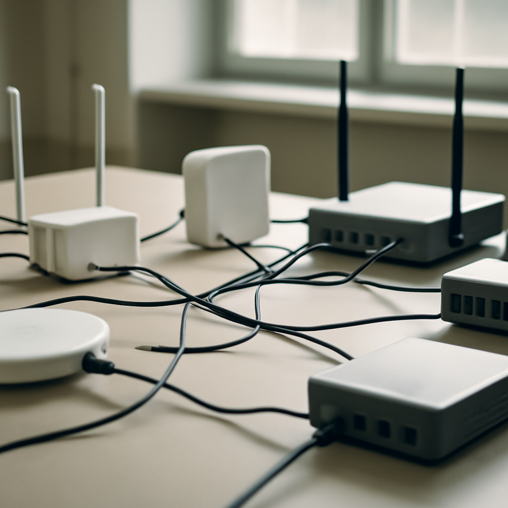 Interconnected devices in a neutral setting, forming a network.