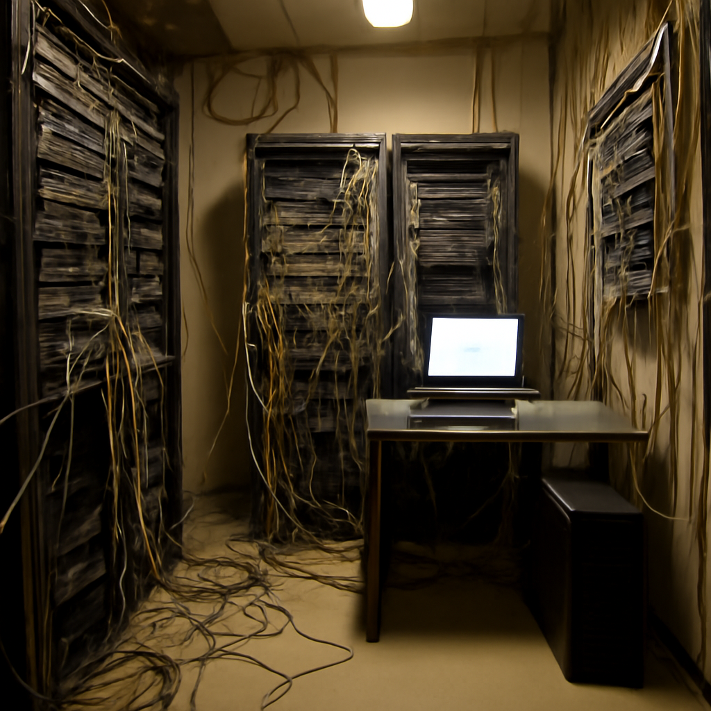 Cramped network closet with rows of equipment, patch panels, and tangled cables.