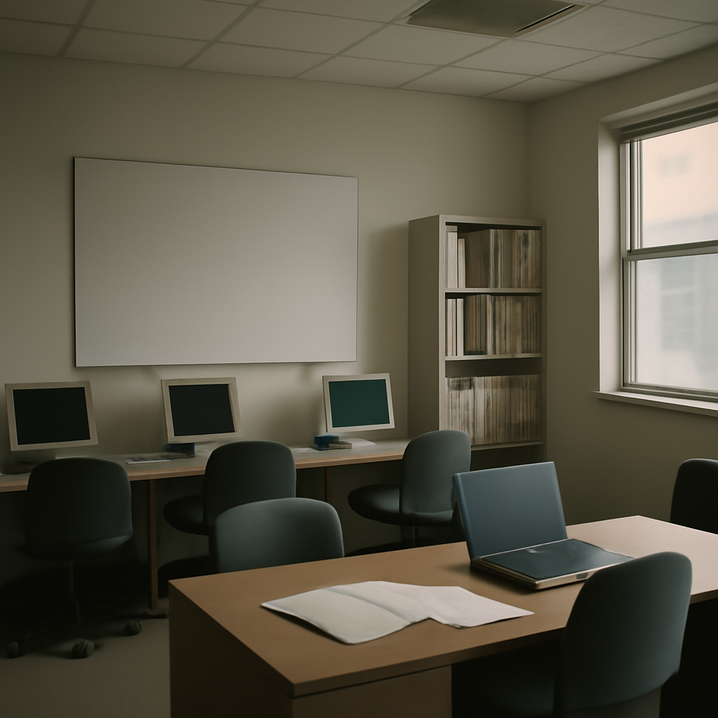 Government agency office interior with computer workstations and a desk, featuring soft natural light and muted colors.