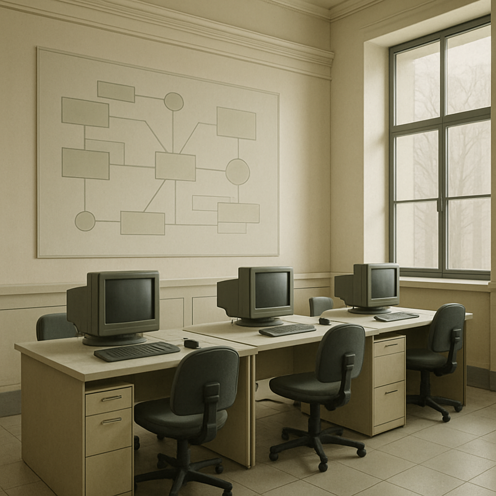 Government office interior with computers and a large window, featuring a subtle network diagram in the background.