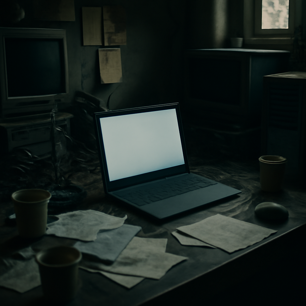Cluttered workspace with computer equipment, papers, and coffee cups, suggesting secretive and illicit activity.