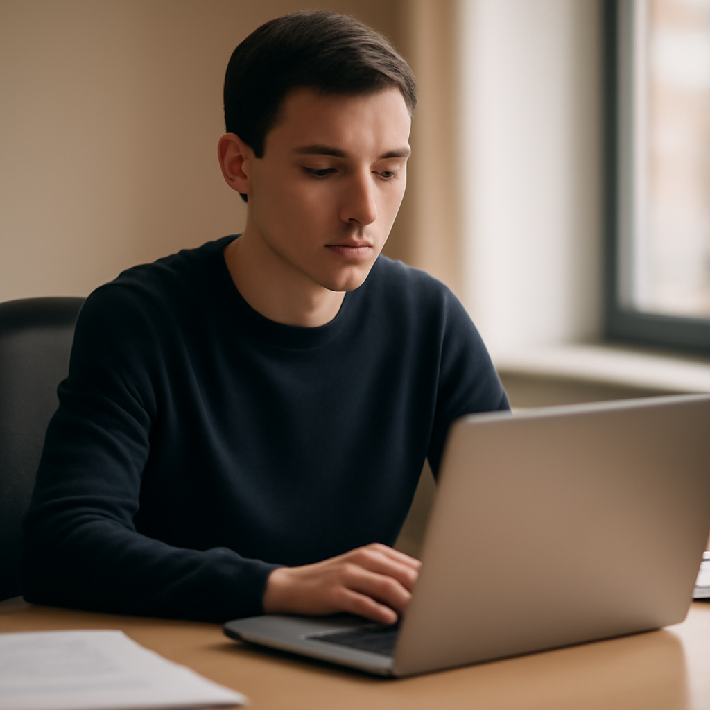 Person sits at desk, looking at laptop with neutral expression in quiet office.