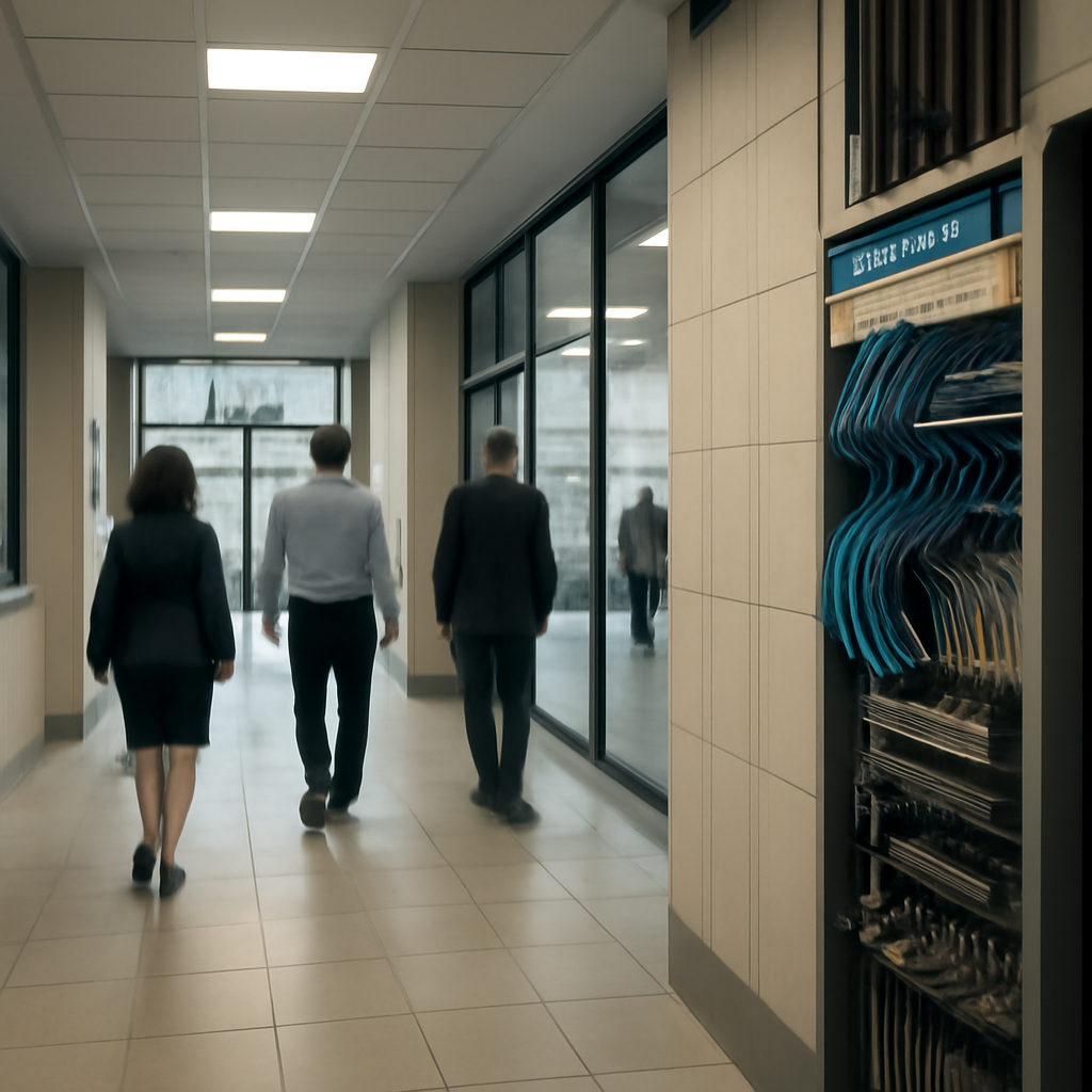 People walk in a generic urban office building district with subtle tech infrastructure.