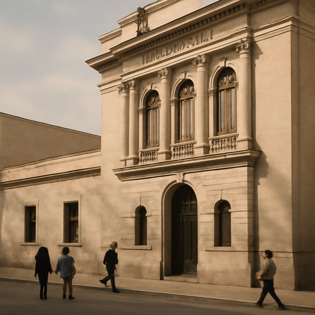 Government building in Latin American city with people walking in background.