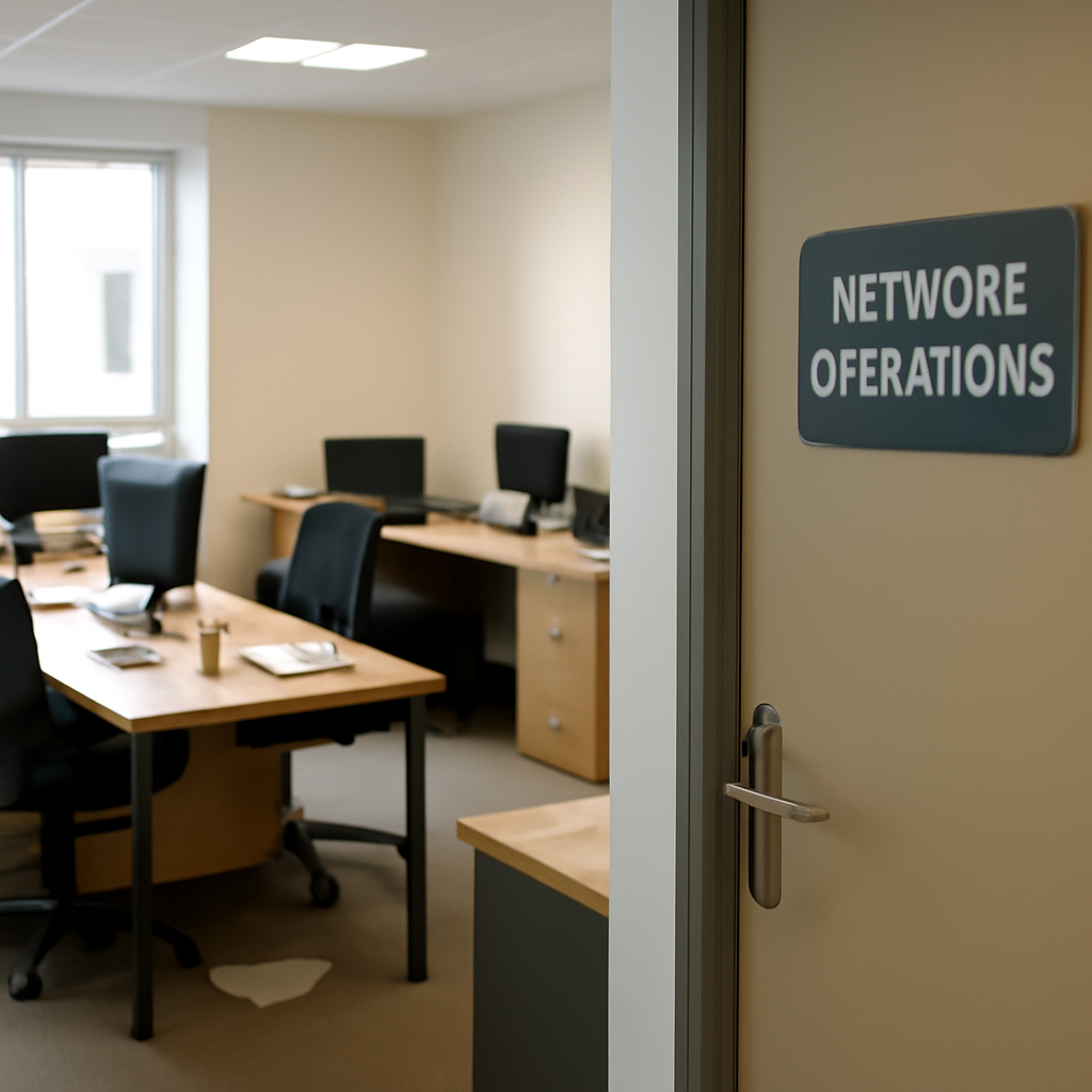 A typical office setting with computers and a blurred server room door in the foreground.