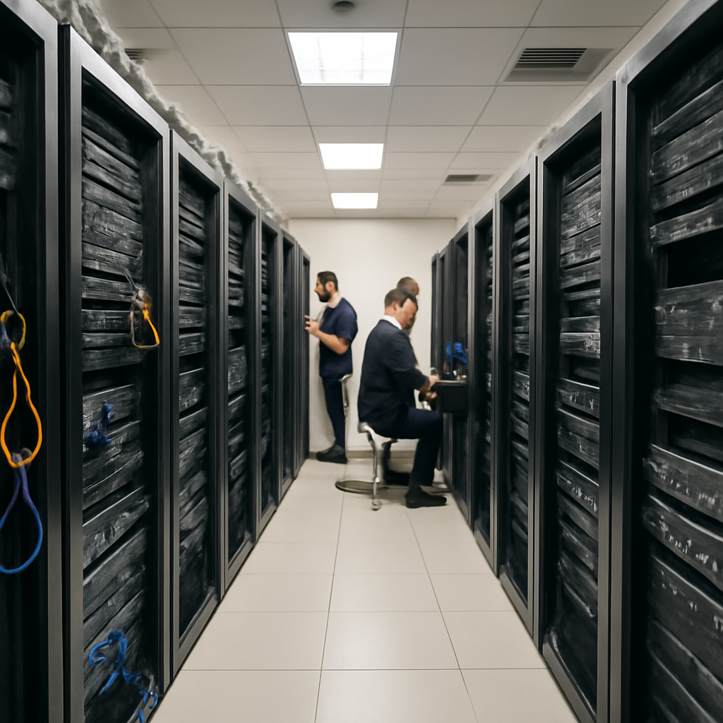 Rows of equipment racks in a brightly-lit server room with technicians in the background.