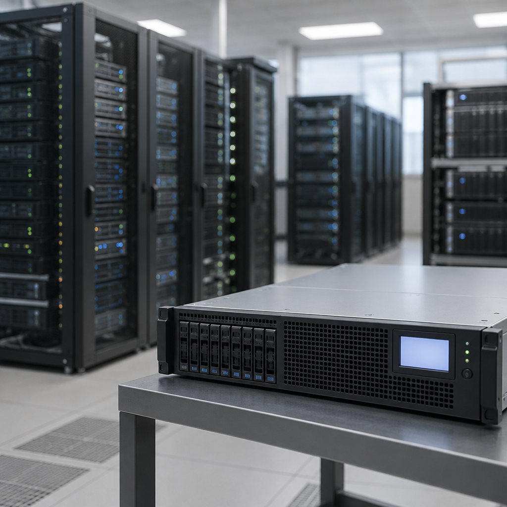Server equipment in a data center with a single device in sharp focus.
