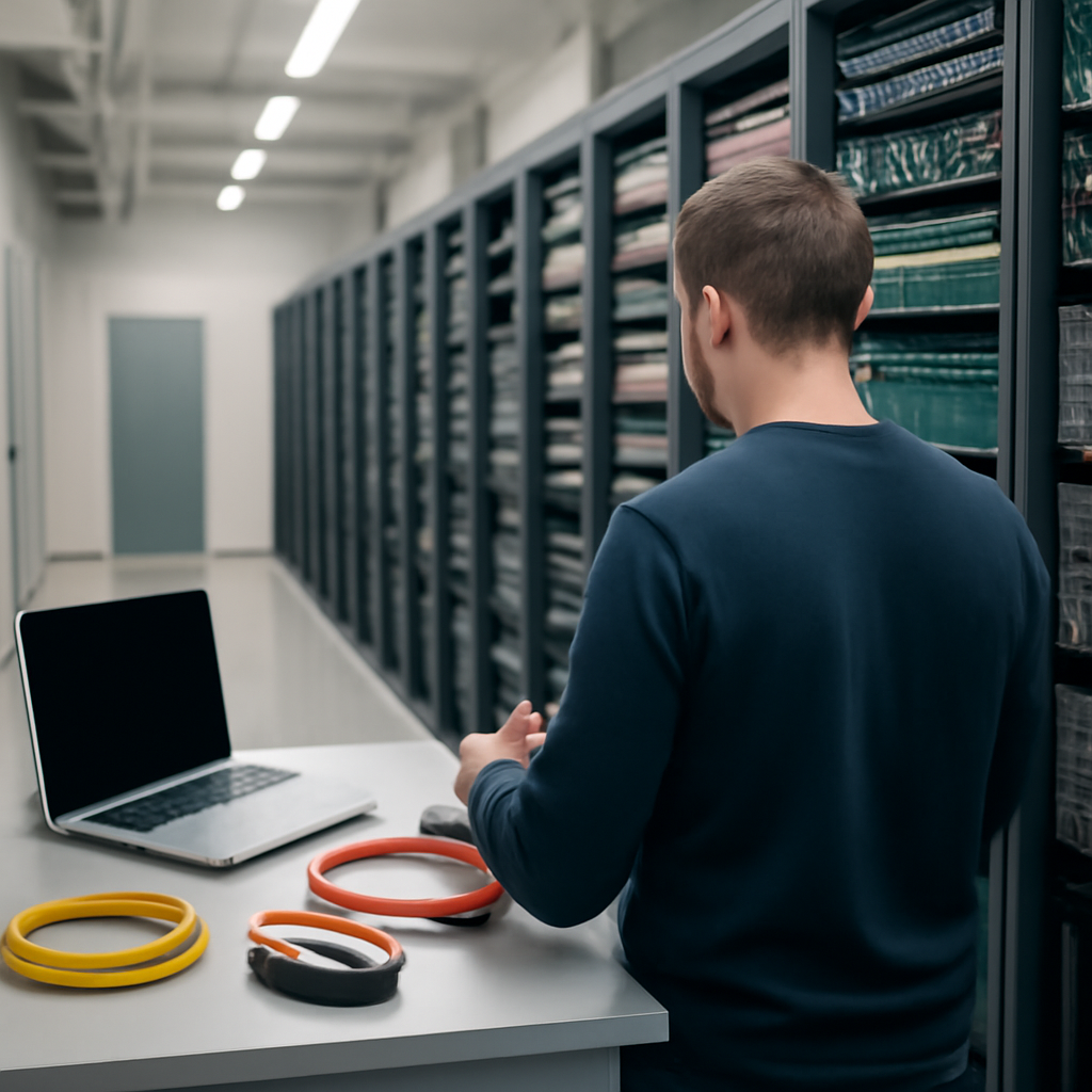 Technician works on network equipment in a brightly-lit office data center.