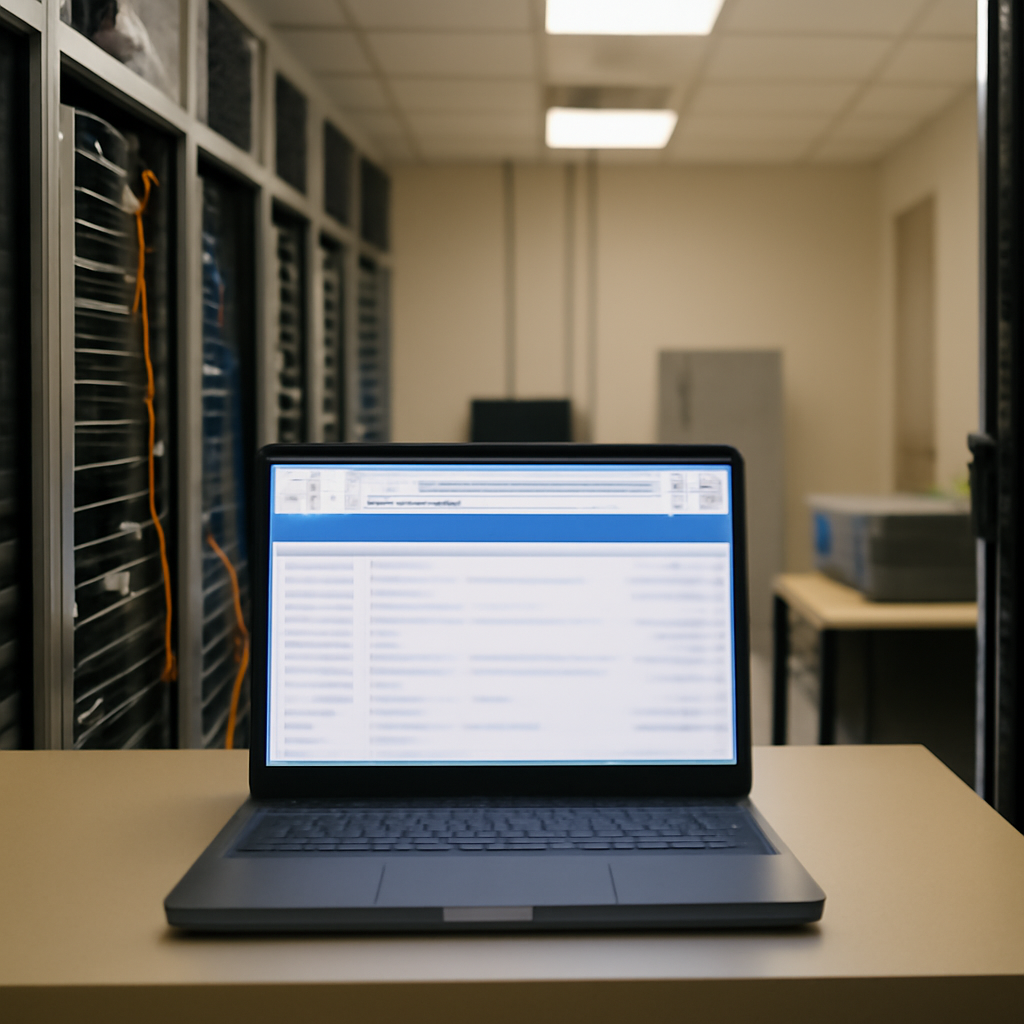 Rows of computer servers and equipment with a monitor displaying a blurred screen.