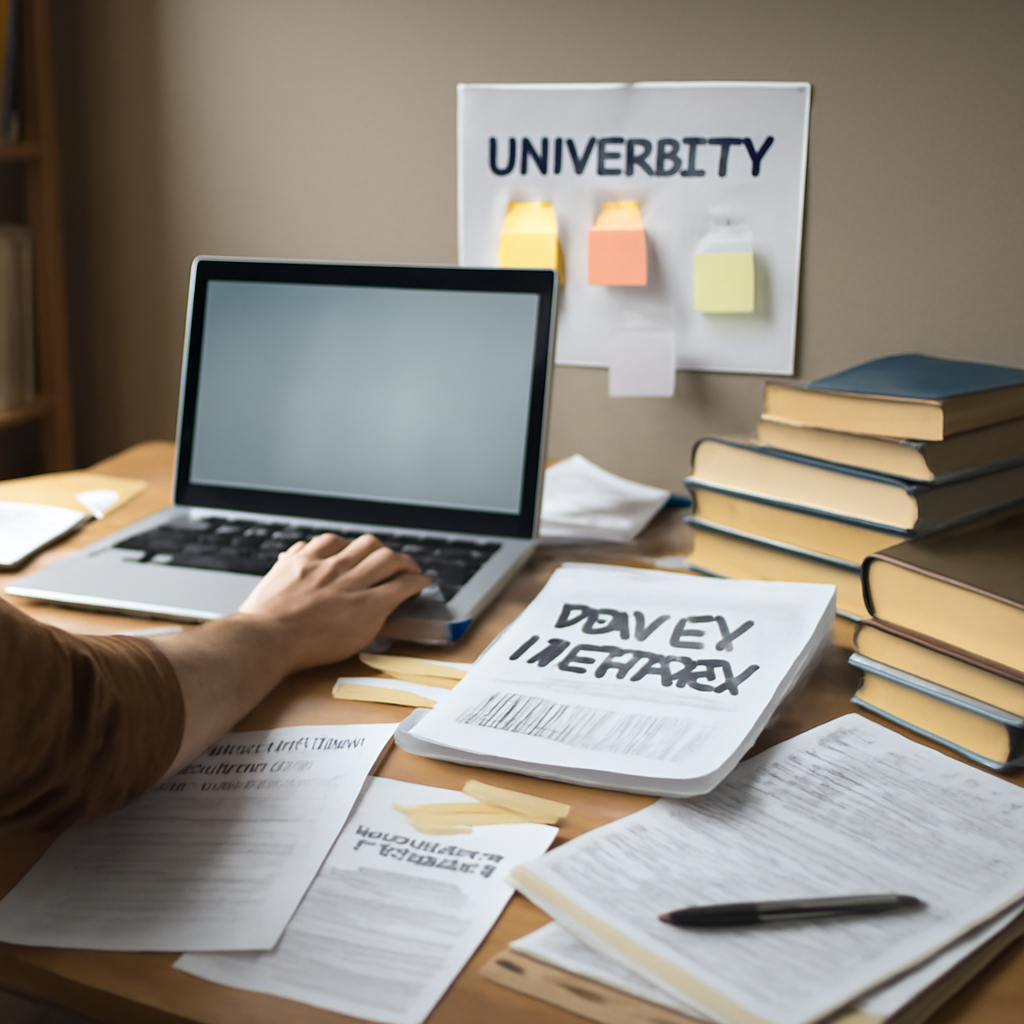 Cluttered desk with computer, papers, and books in a workspace, with an unseen person's arm reaching for the keyboard.