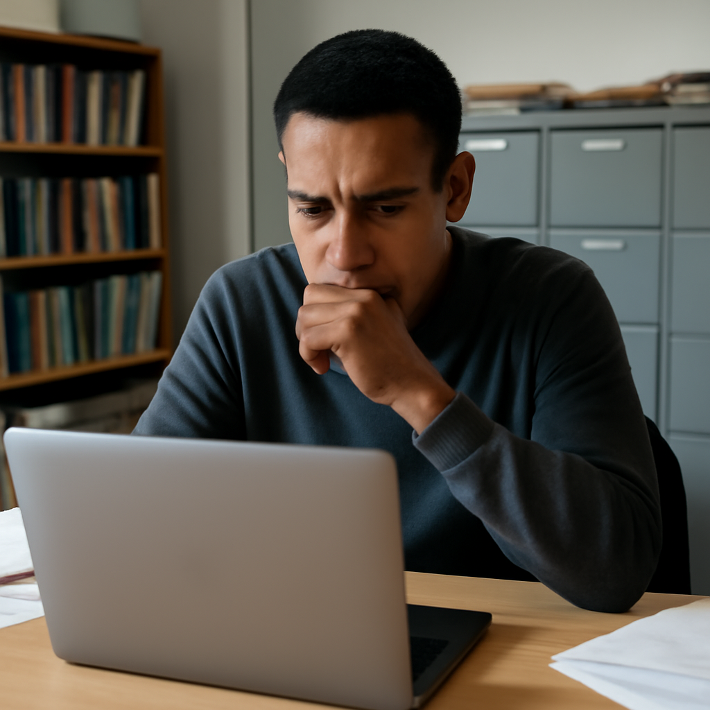 Person sitting at desk, looking concerned at laptop screen in a office setting.
