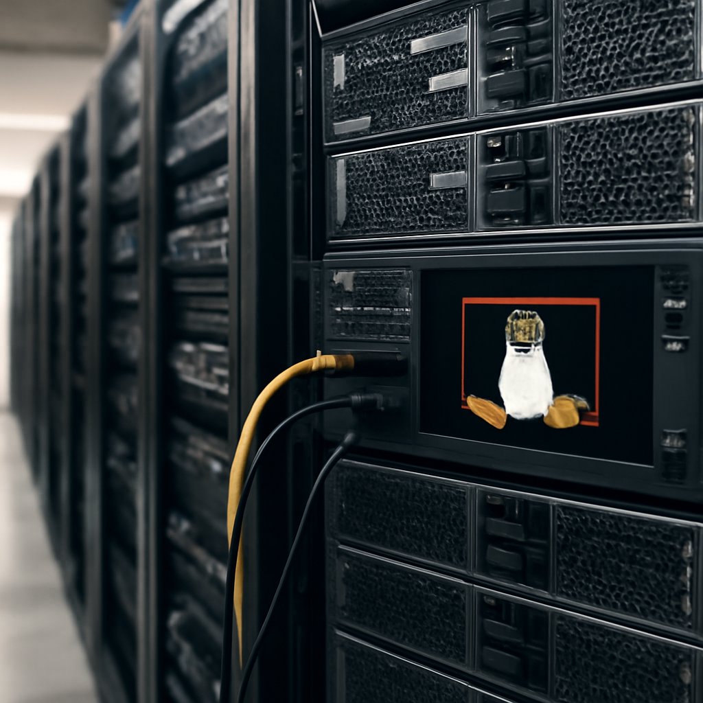 Rows of computer servers and networking equipment in a server room with a focus on a specific device showing a subtle hint…
