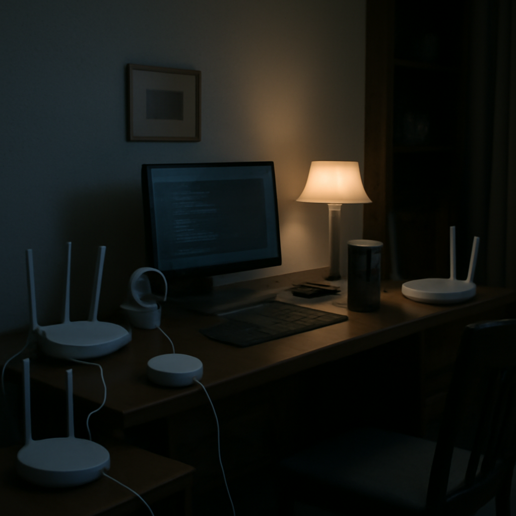 A dimly lit home office with scattered IoT devices, routers, and computers, hinting at network connections.
