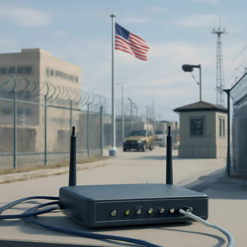US military base with networking gear and a router on a table.