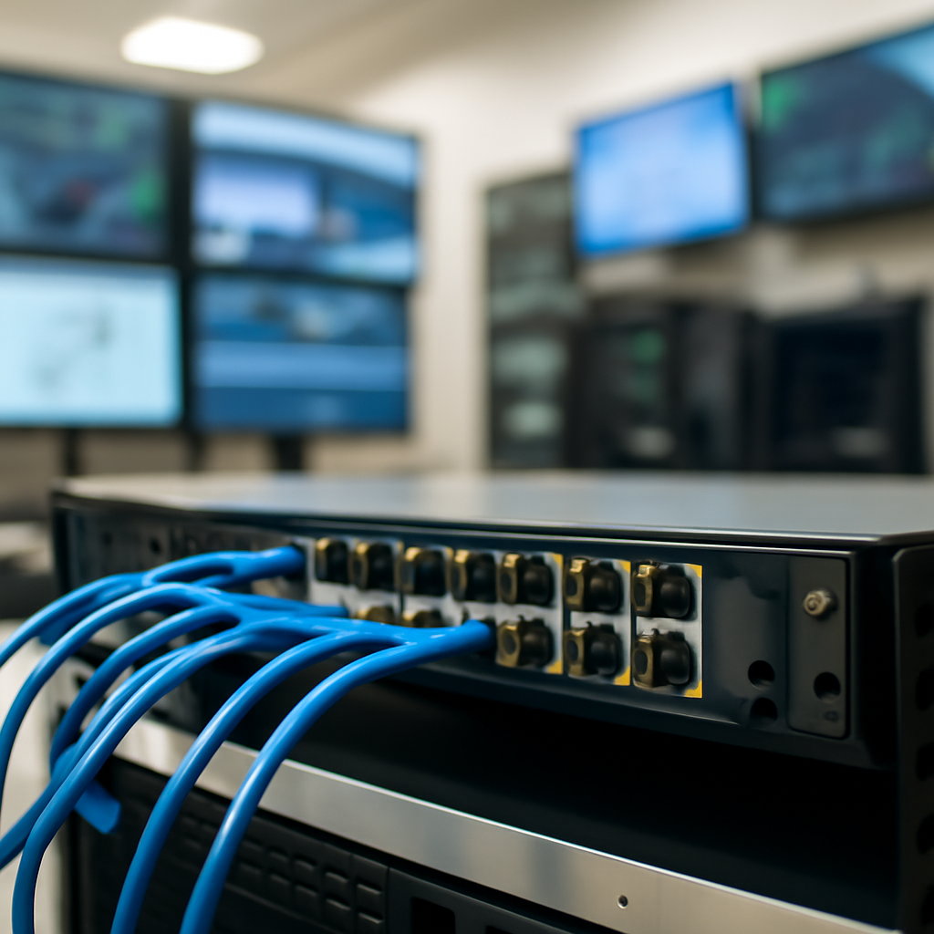 Network equipment and monitoring screens in a dimly lit operations center.