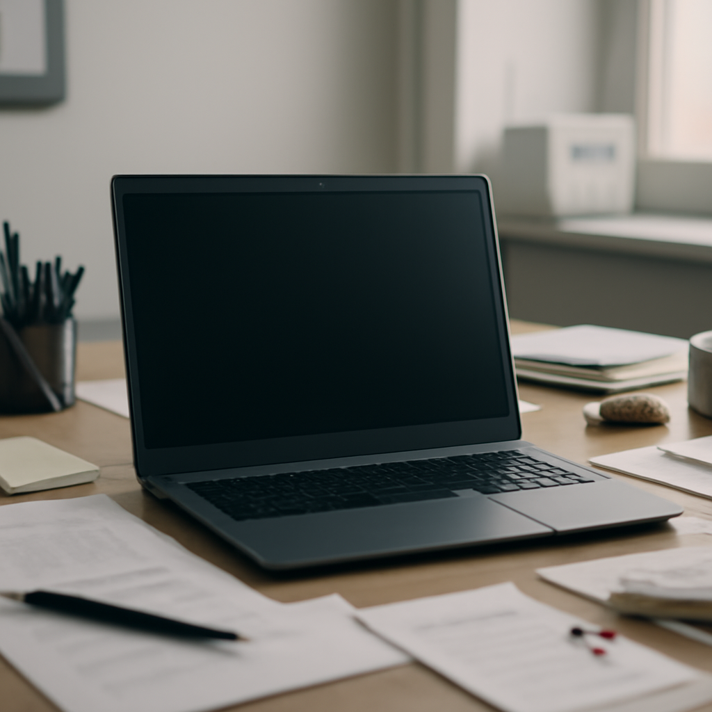 Cluttered office desk with a Windows laptop, papers, and supplies, near a window with a blurred network router in the…
