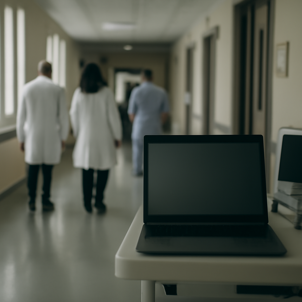 Medical staff walk down a hospital corridor with a computer in the background.