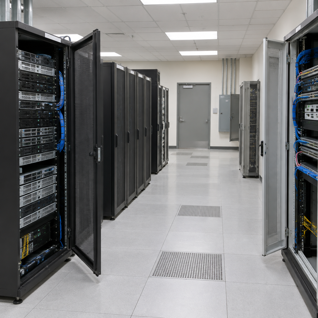 Interior of a network operations room with rows of computer servers and equipment.