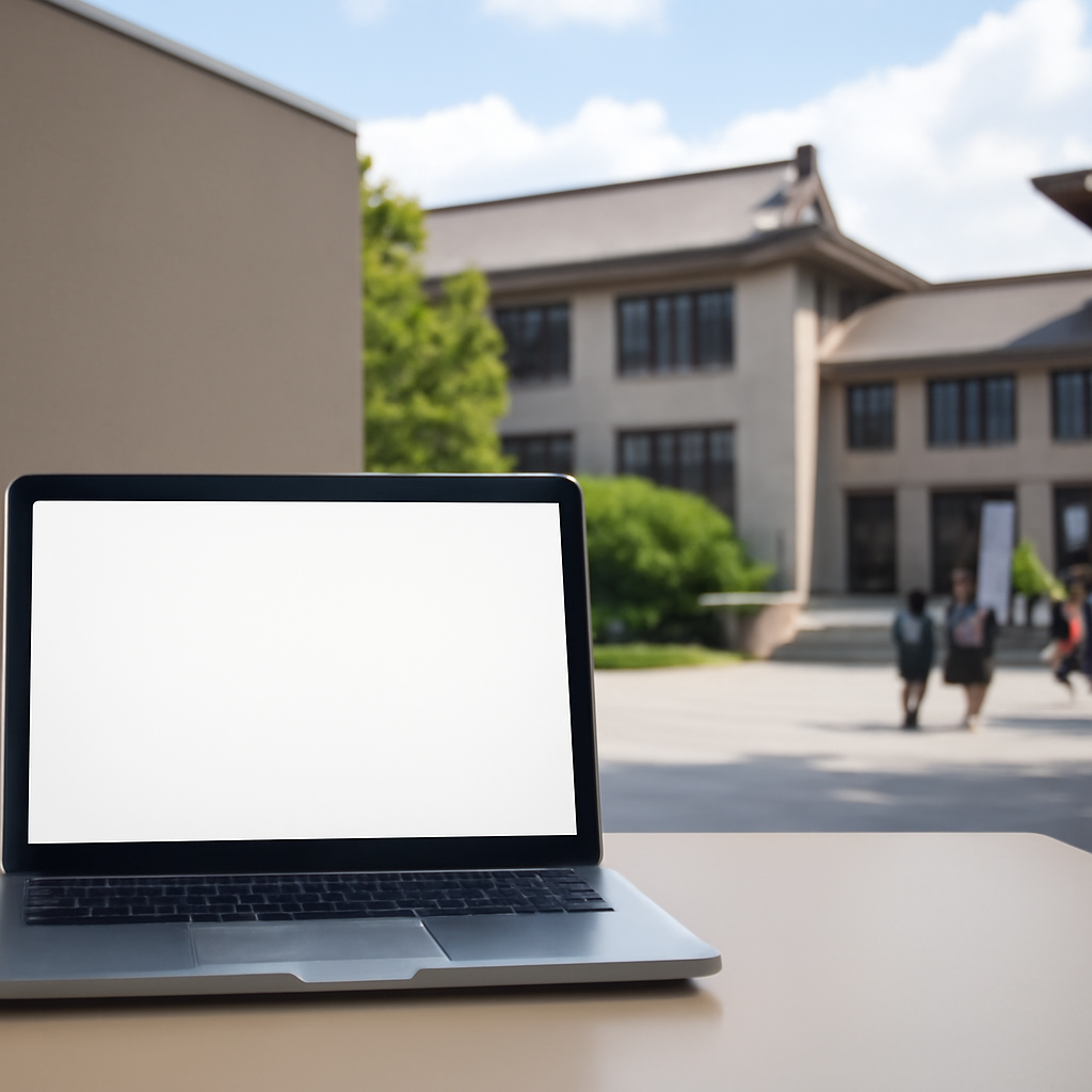 Laptop on a desk in a neutral Asian-style building setting.