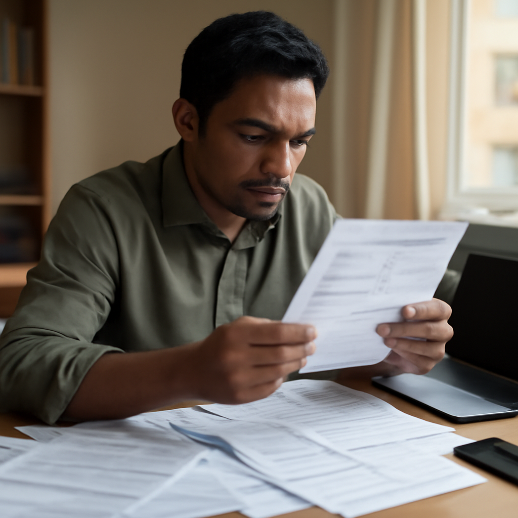 Person sits at cluttered desk with laptop and financial documents, surrounded by papers.