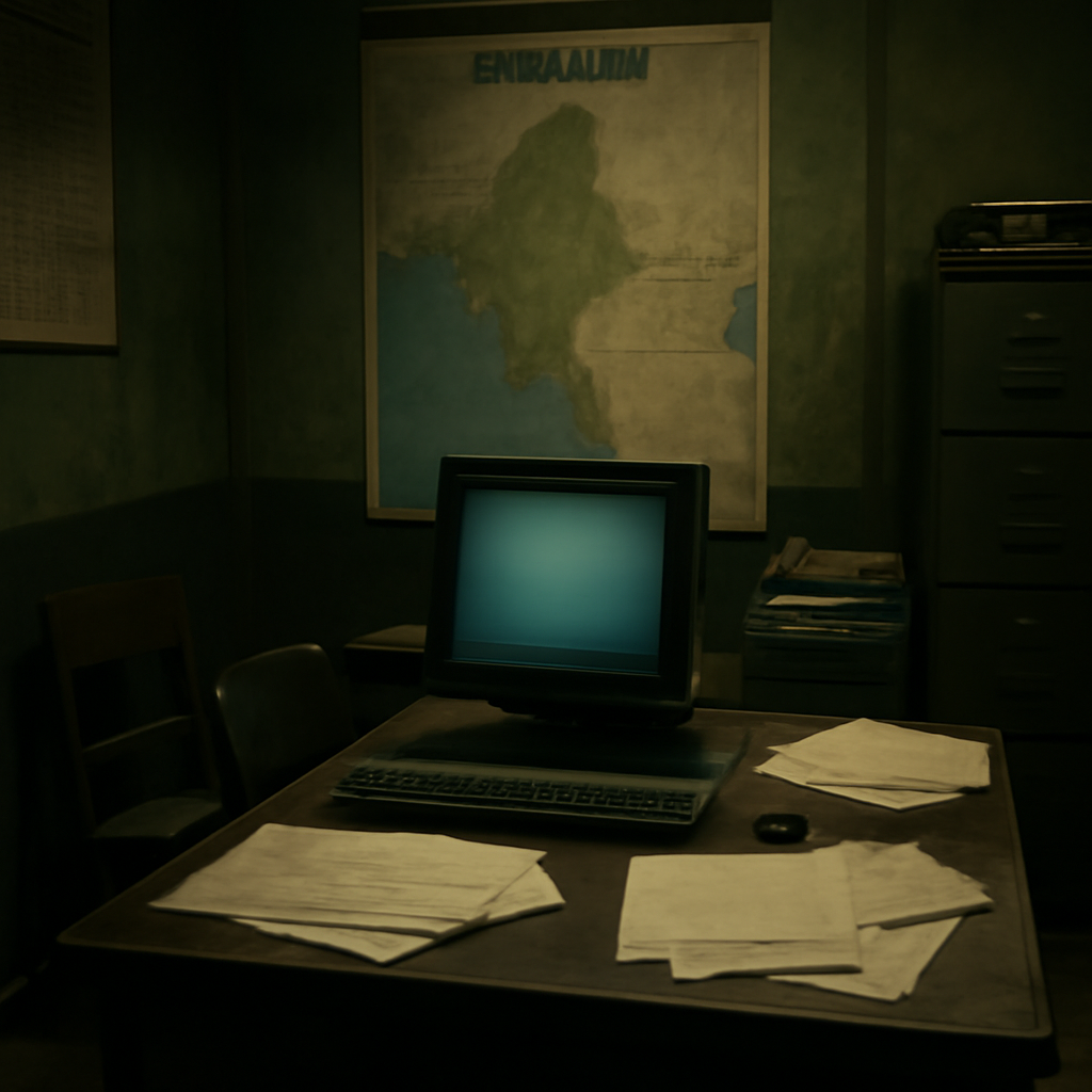 Dimly lit government office with cluttered desk and computer, map of Myanmar on wall.