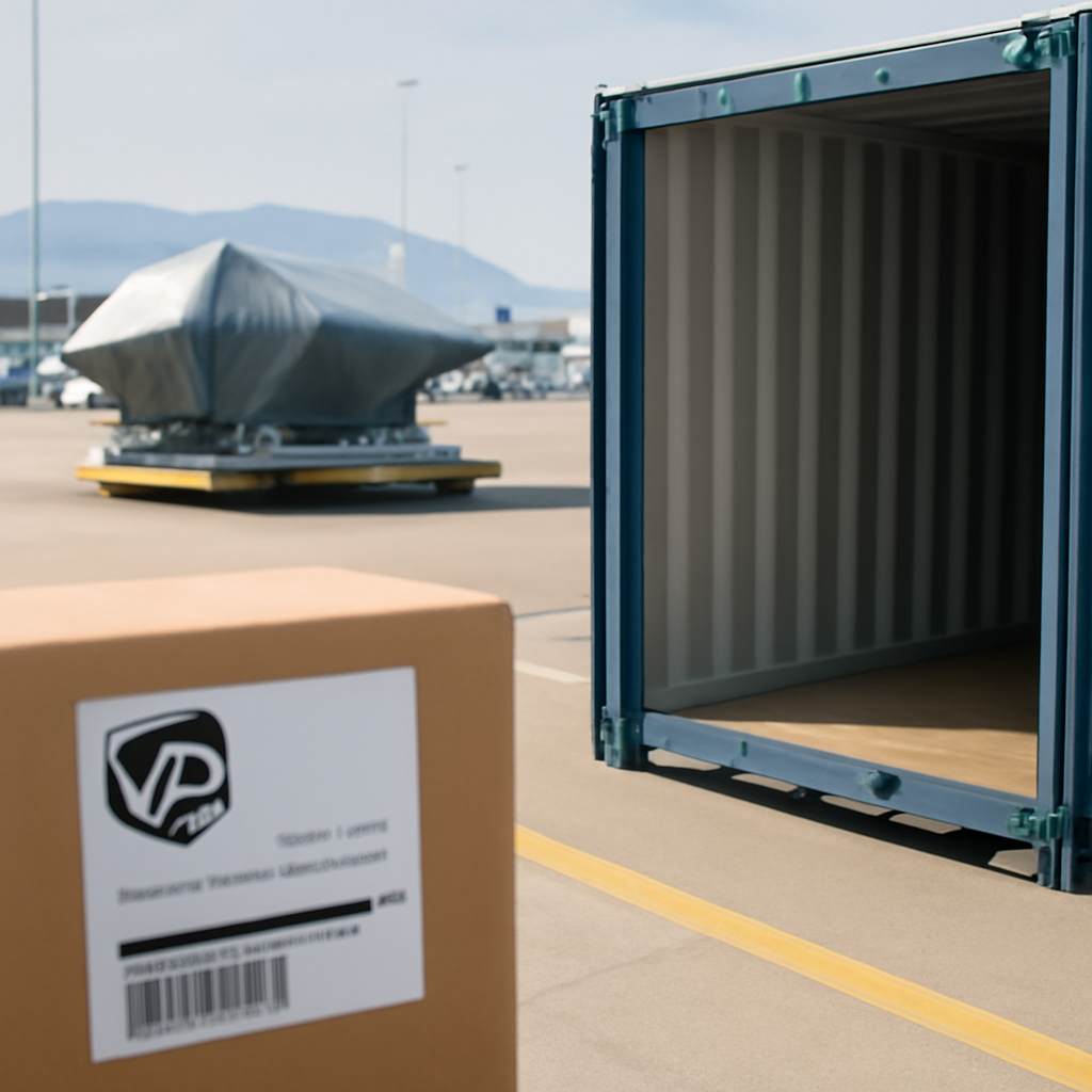 Shipping container partially open with cargo being loaded or unloaded.