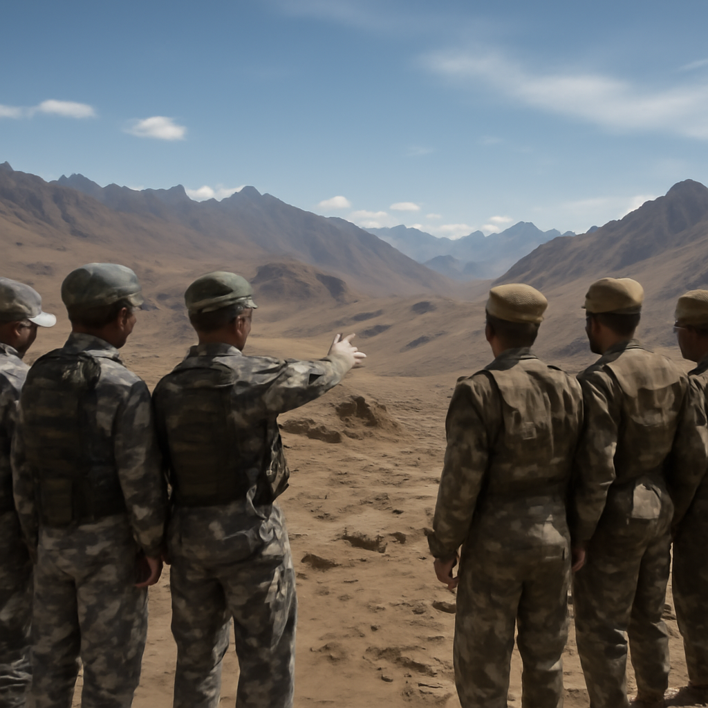 Soldiers from China and Pakistan stand together in rugged terrain, looking out at a mountainous landscape under a clear…