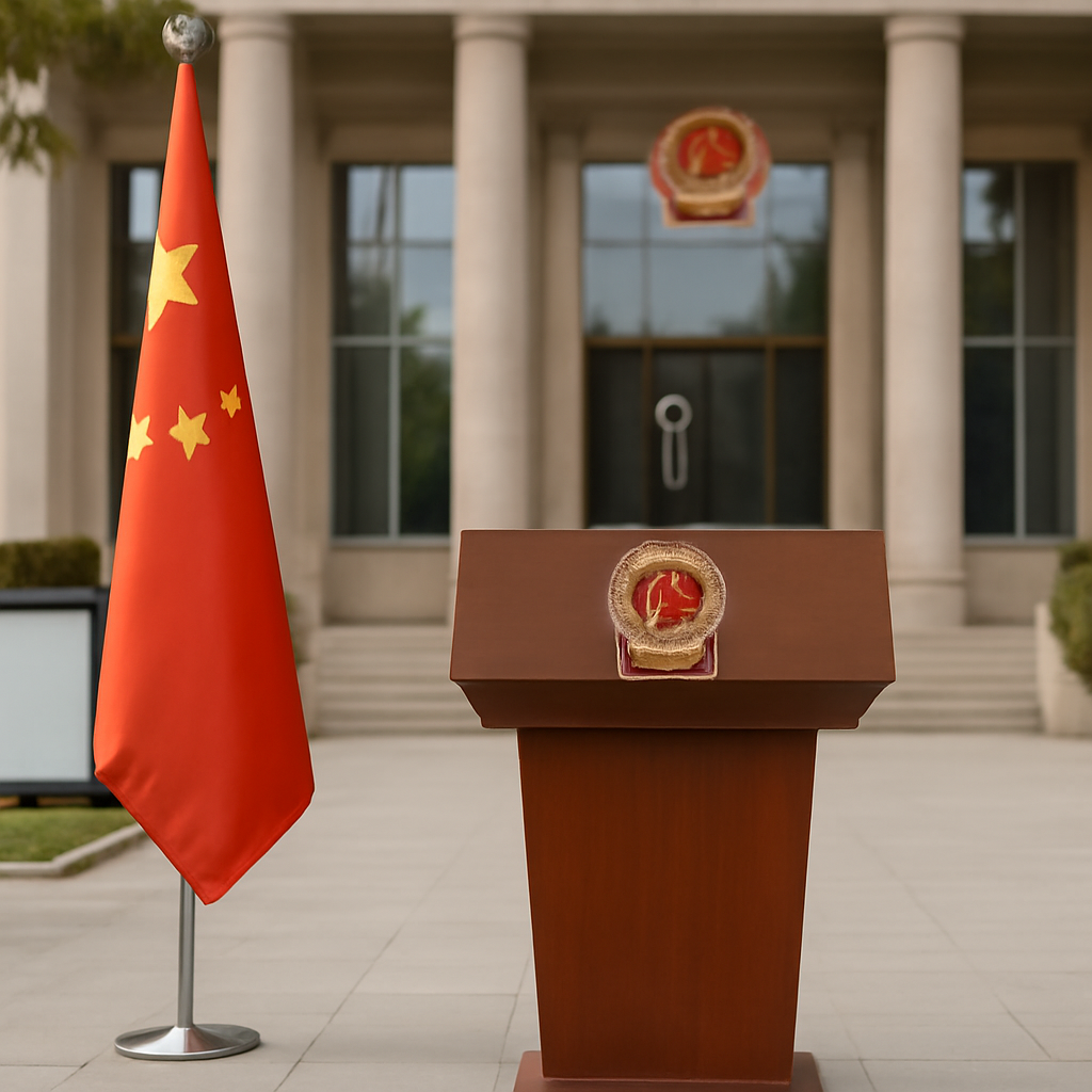 Empty podium stands before a large window in a Chinese government building.