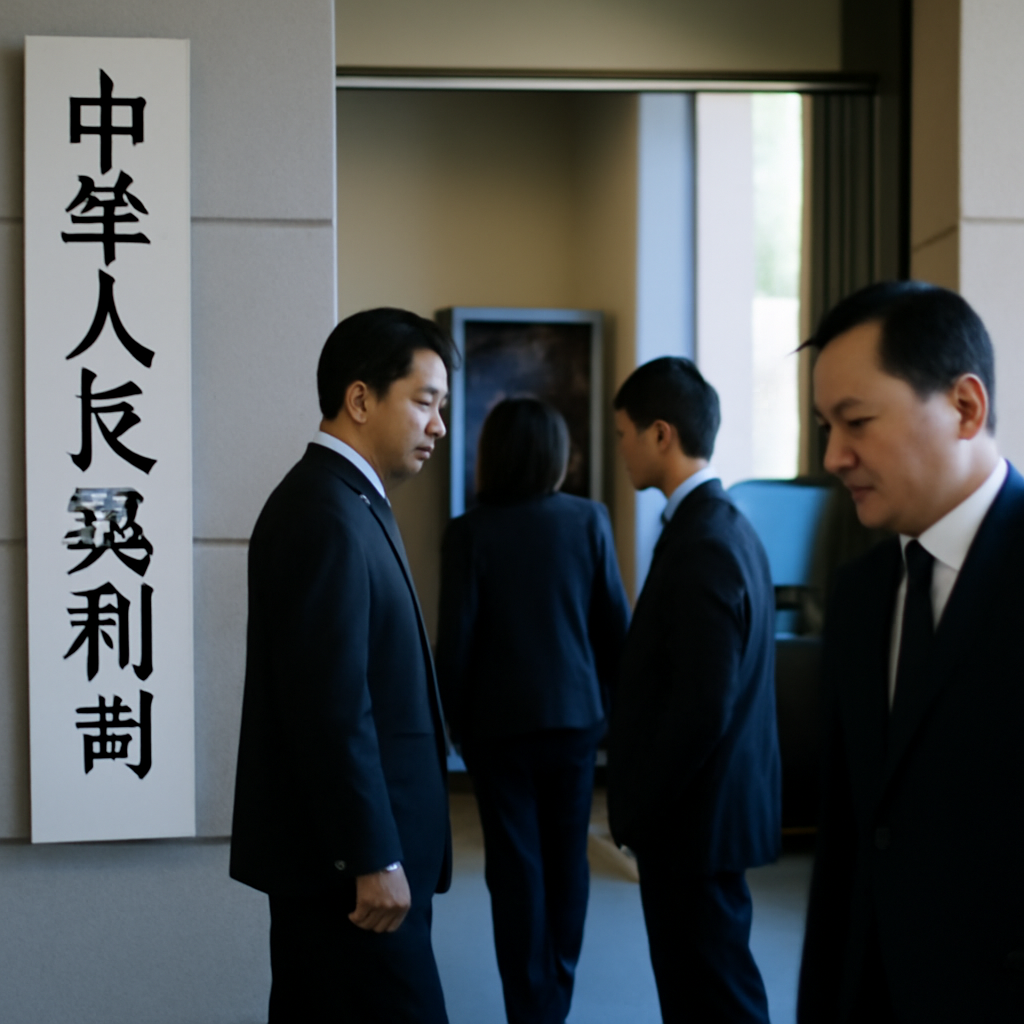Chinese government building with subtle tech equipment in background.