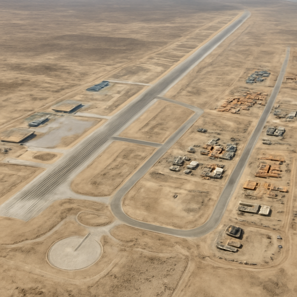 Satellite view of remote desert airbase with runway, taxiways, and new construction sites.