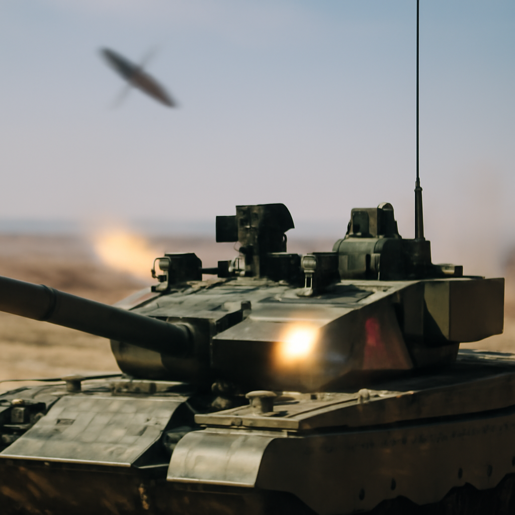 Chinese military tank with active protection system on a desert training ground, intercepting a blurred projectile.