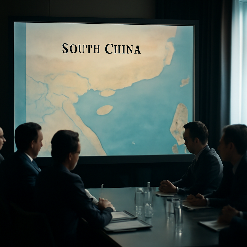 Map of South China region on large screen with group of formally dressed people seated around table, examining it with…
