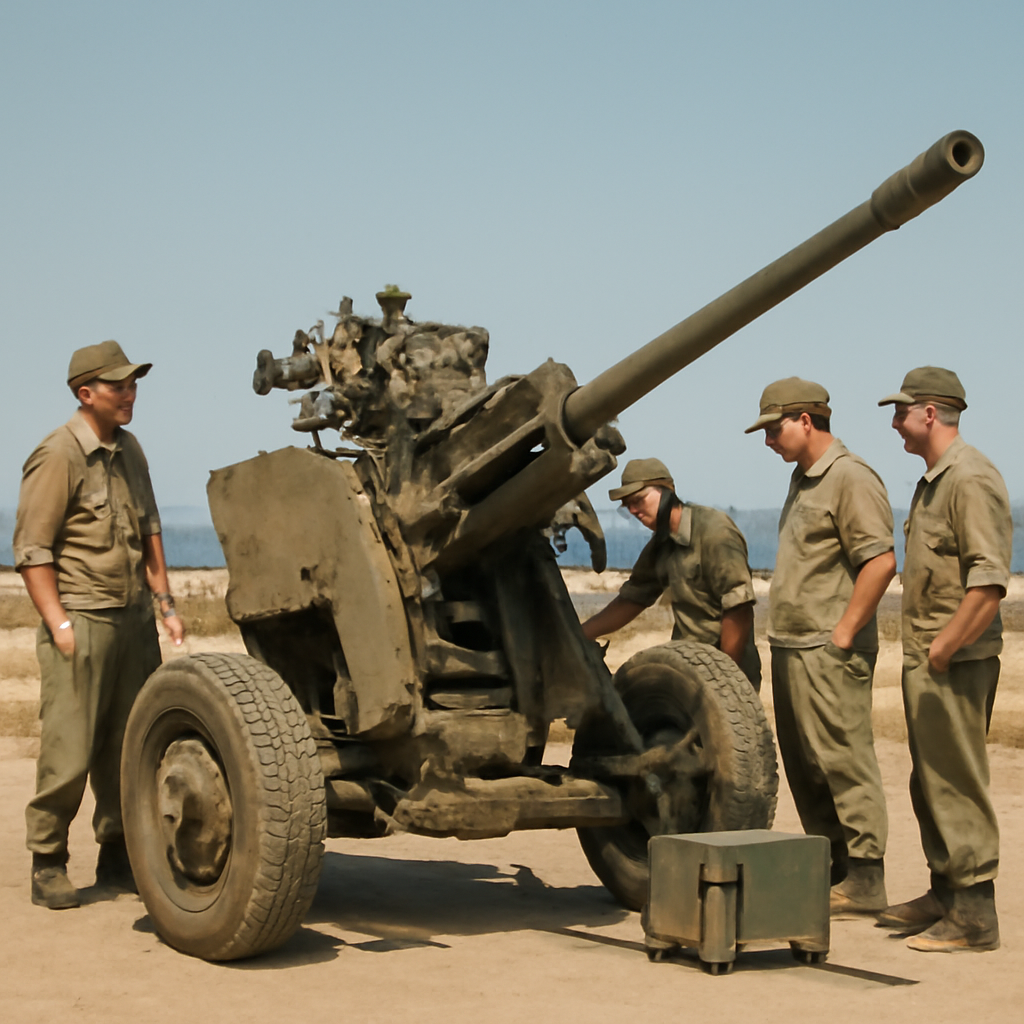 Military logistics node with a worn but well-maintained 57mm anti-aircraft gun and modern fire-control system.