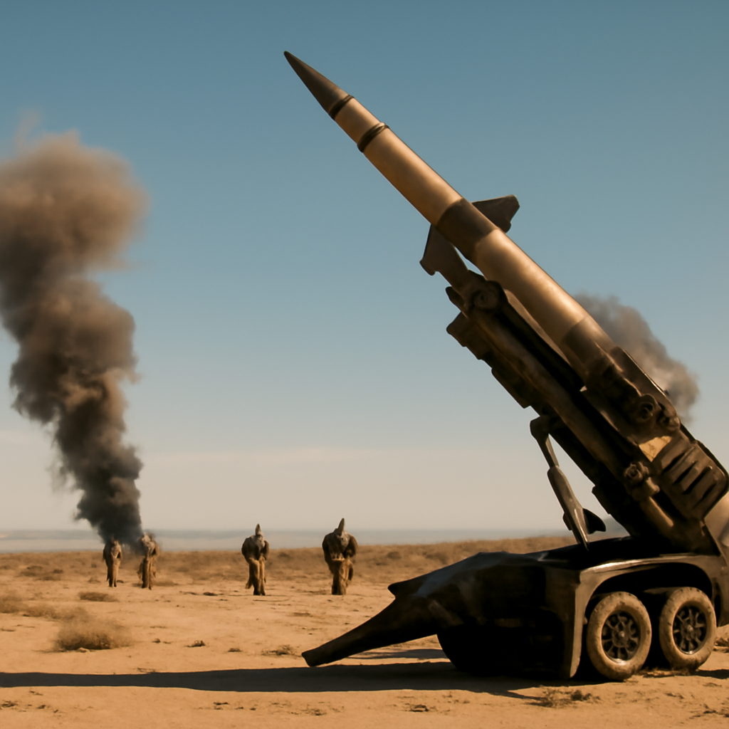 Missile launcher points skyward in desert landscape with military personnel nearby.
