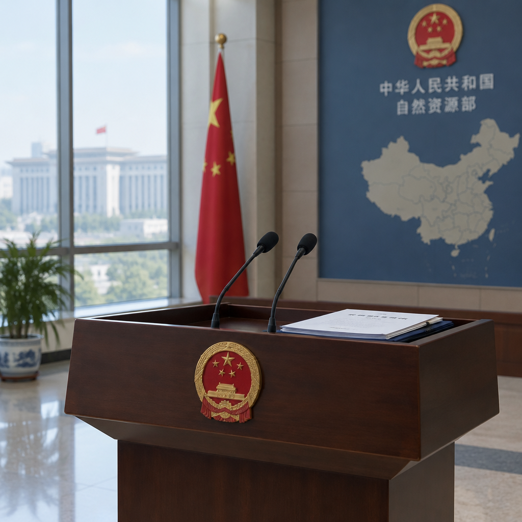 Chinese government ministry building interior with empty podium and papers.