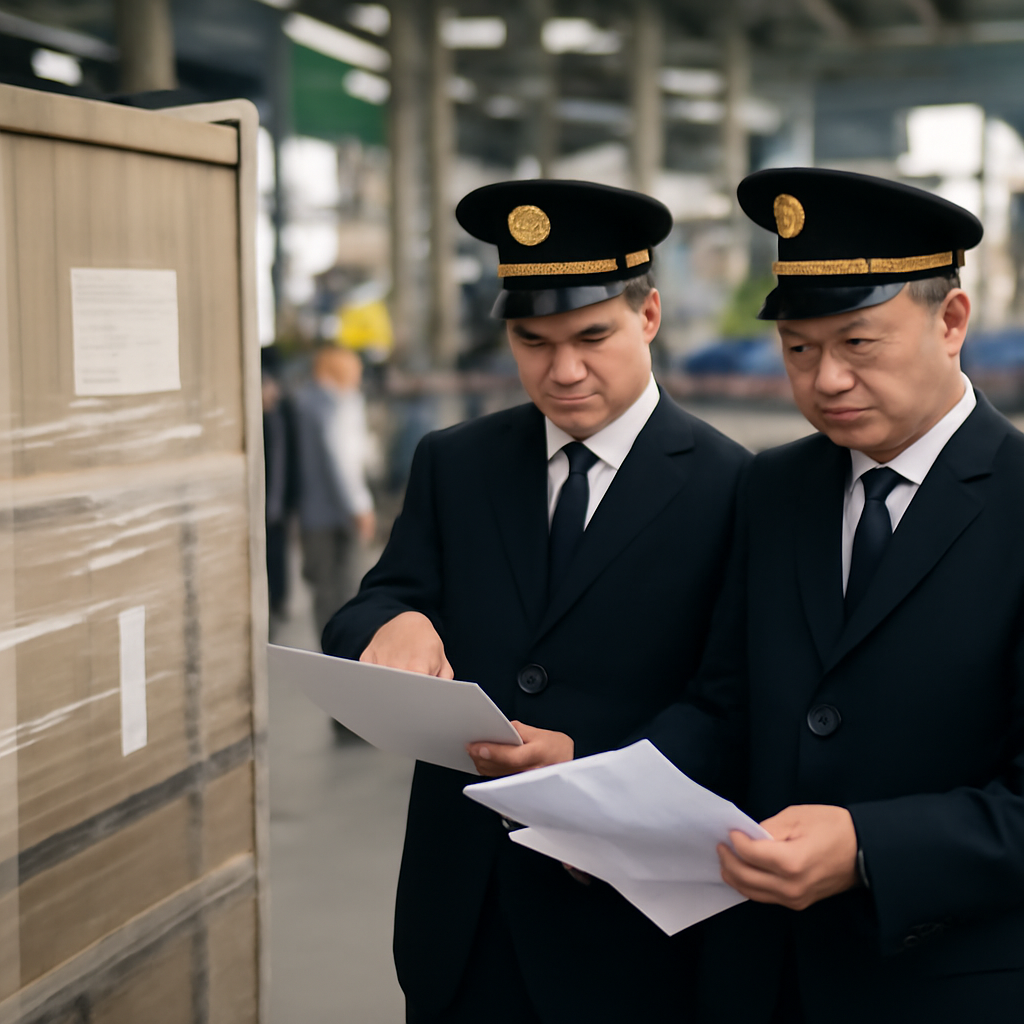 Workers move in the background of a Chinese facility as a large shipping container sits in the foreground.