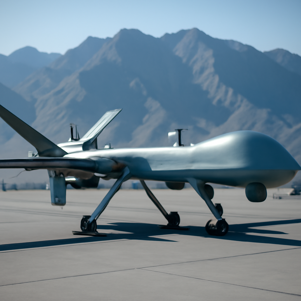 Twin-boom attack drone on a stand at a high-altitude airfield surrounded by mountains.