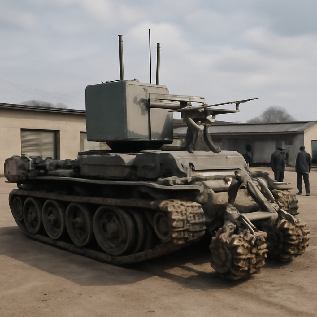 Converted Type 59 tank hull with drone control systems and mine-breaching gear sits on industrial area pad.