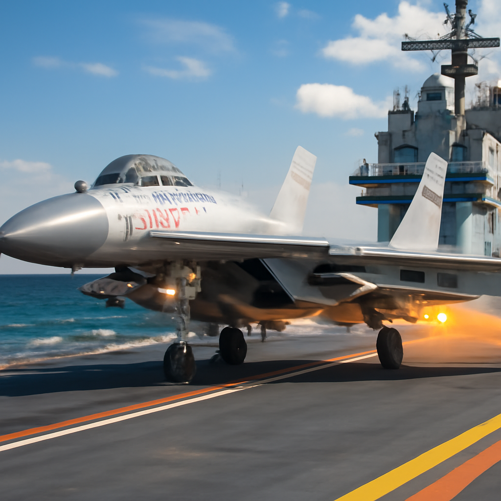 J-15T fighter jet on aircraft carrier deck, armed with missiles, about to take off.