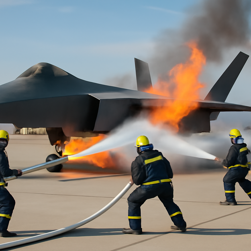 Chinese firefighters conduct a drill on a J-20-like aircraft fire trainer.