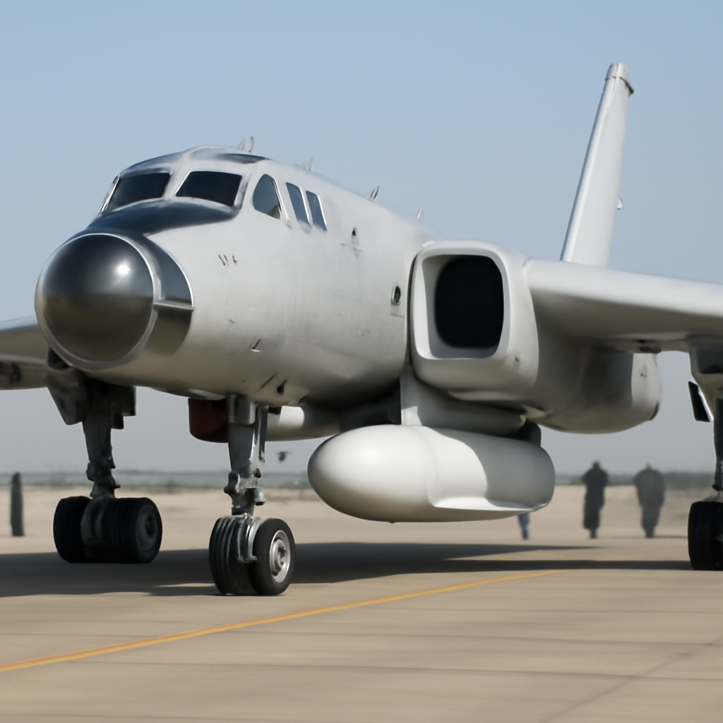 H-6N bomber with JL-1 missile mounted under wing, surrounded by military personnel.