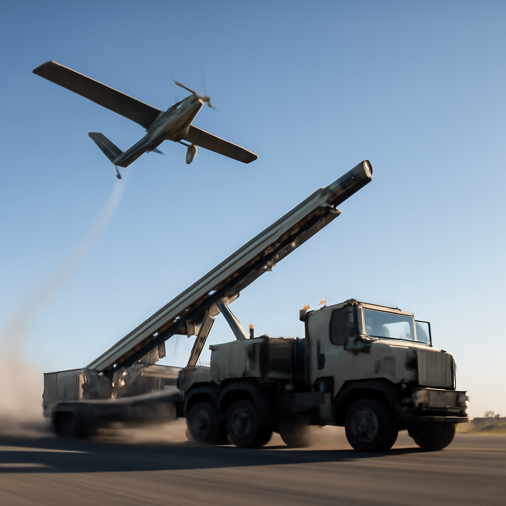 Trucks launch drone from mobile electromagnetic aircraft system on open road.