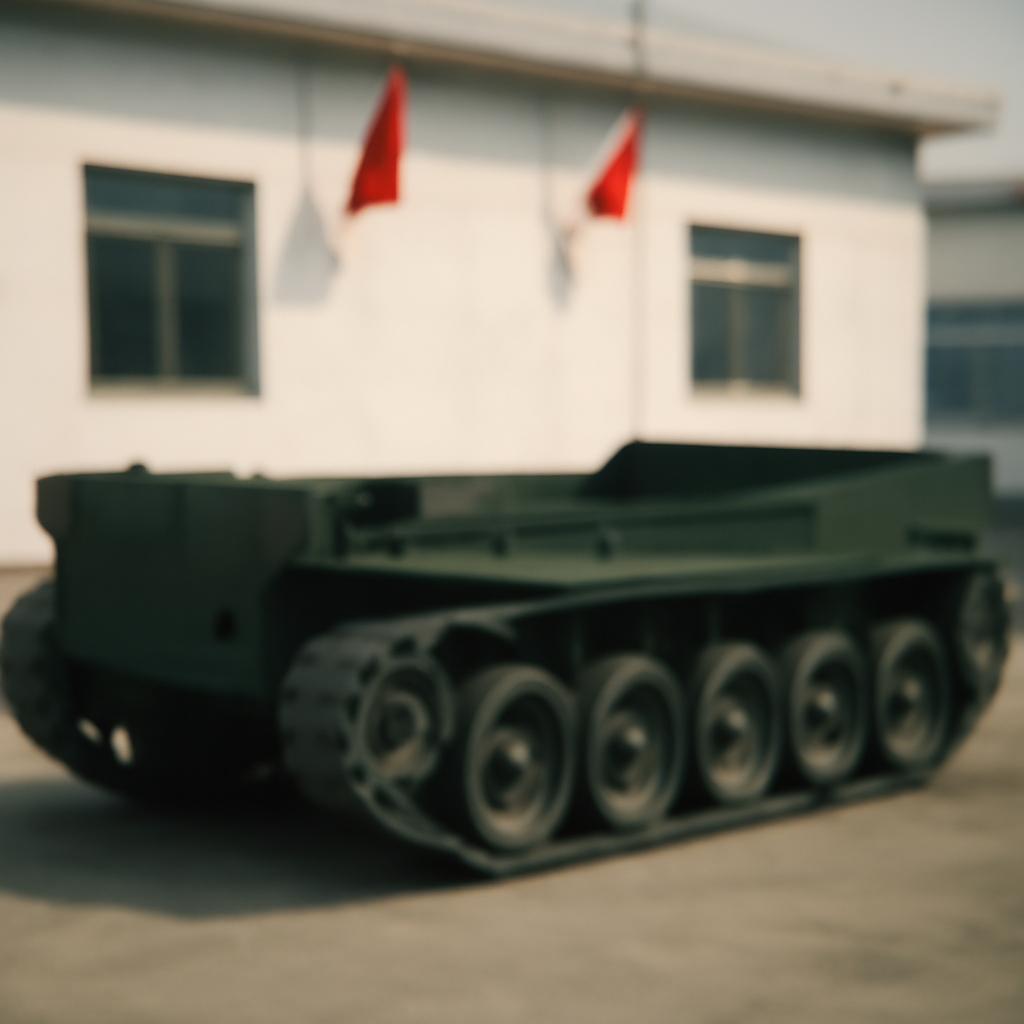 Blurry military vehicle chassis with seven road wheels on a Chinese testing grounds.