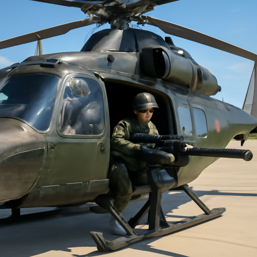 Chinese military helicopter with QJH001 heavy machine gun mounted at door gunner station on a sunny day.