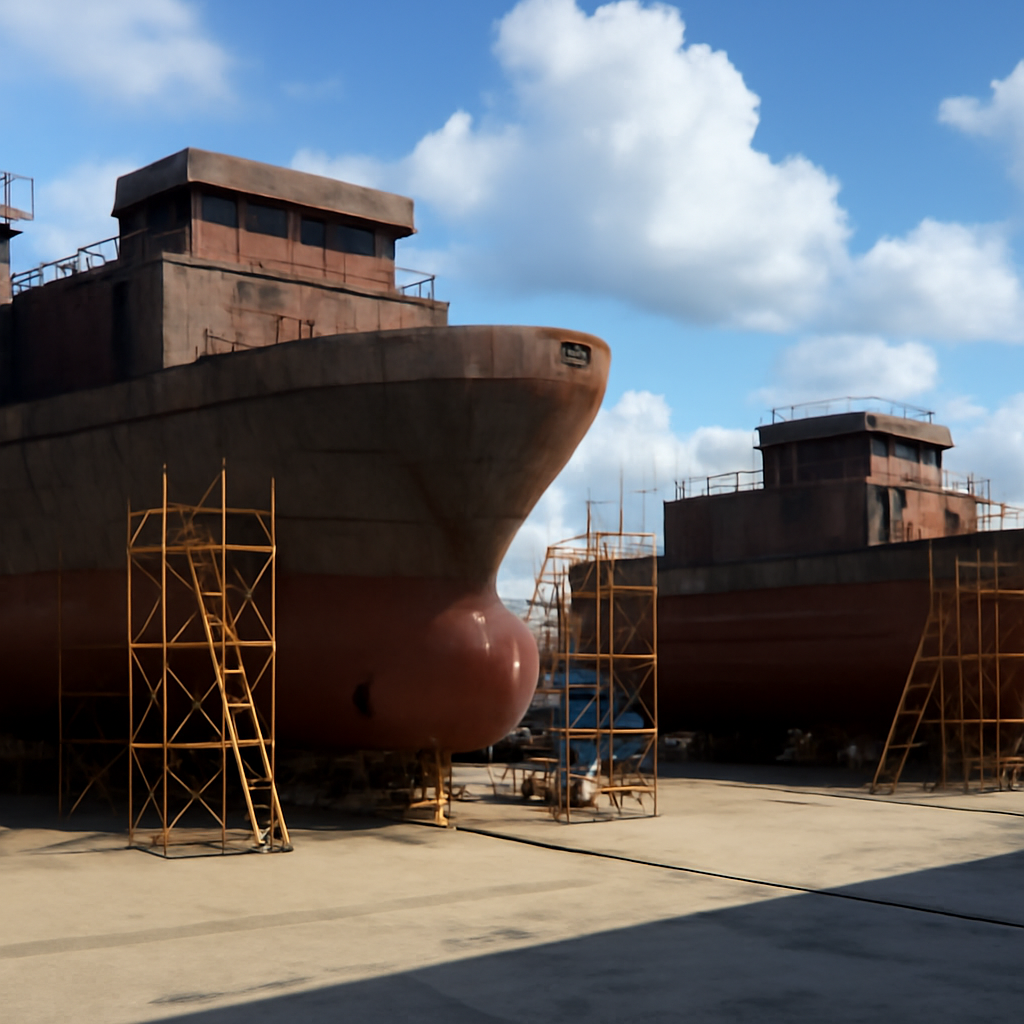 Partially completed ship hulls under construction in a shipyard with cityscape background.
