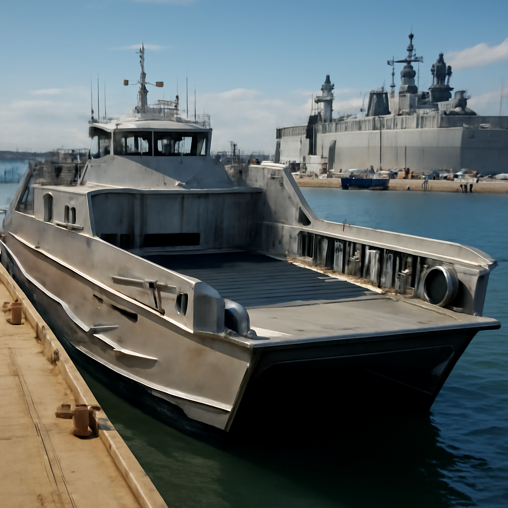 Twin waterjet-powered Landing Craft Mechanized docked beside large amphibious platform at sea.