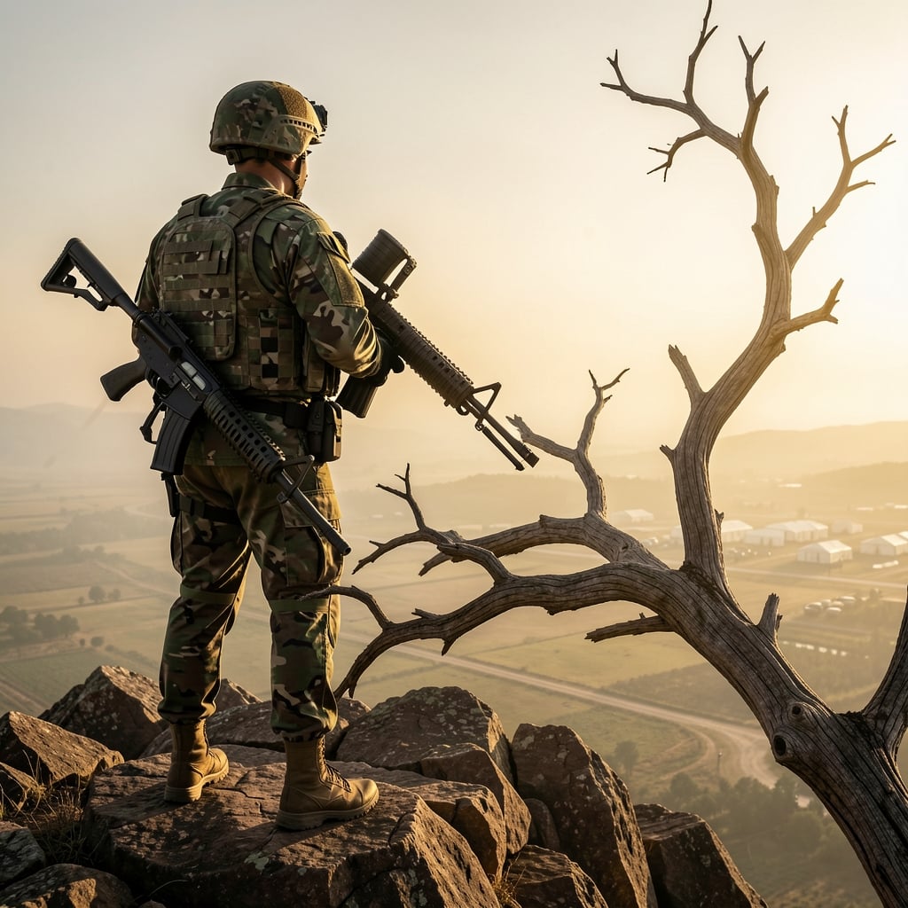 Soldier stands atop rocky outcropping, gazing out at serene UN peacekeeping mission zone with upgraded heavy machine gun…