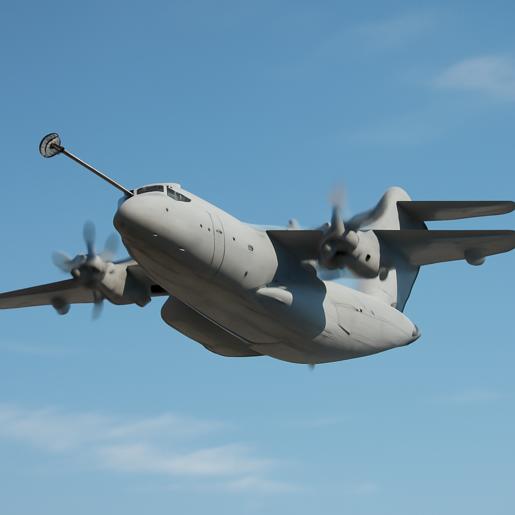 Y-15 military transport aircraft in flight with mid-air refueling probe visible.