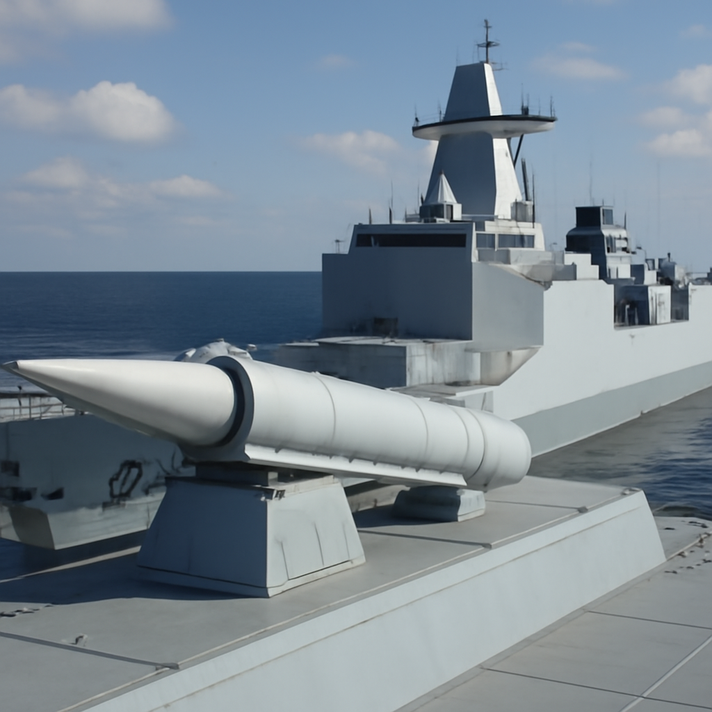 Type 055 destroyer at sea with hypersonic anti-ship missile on deck under blue sky.